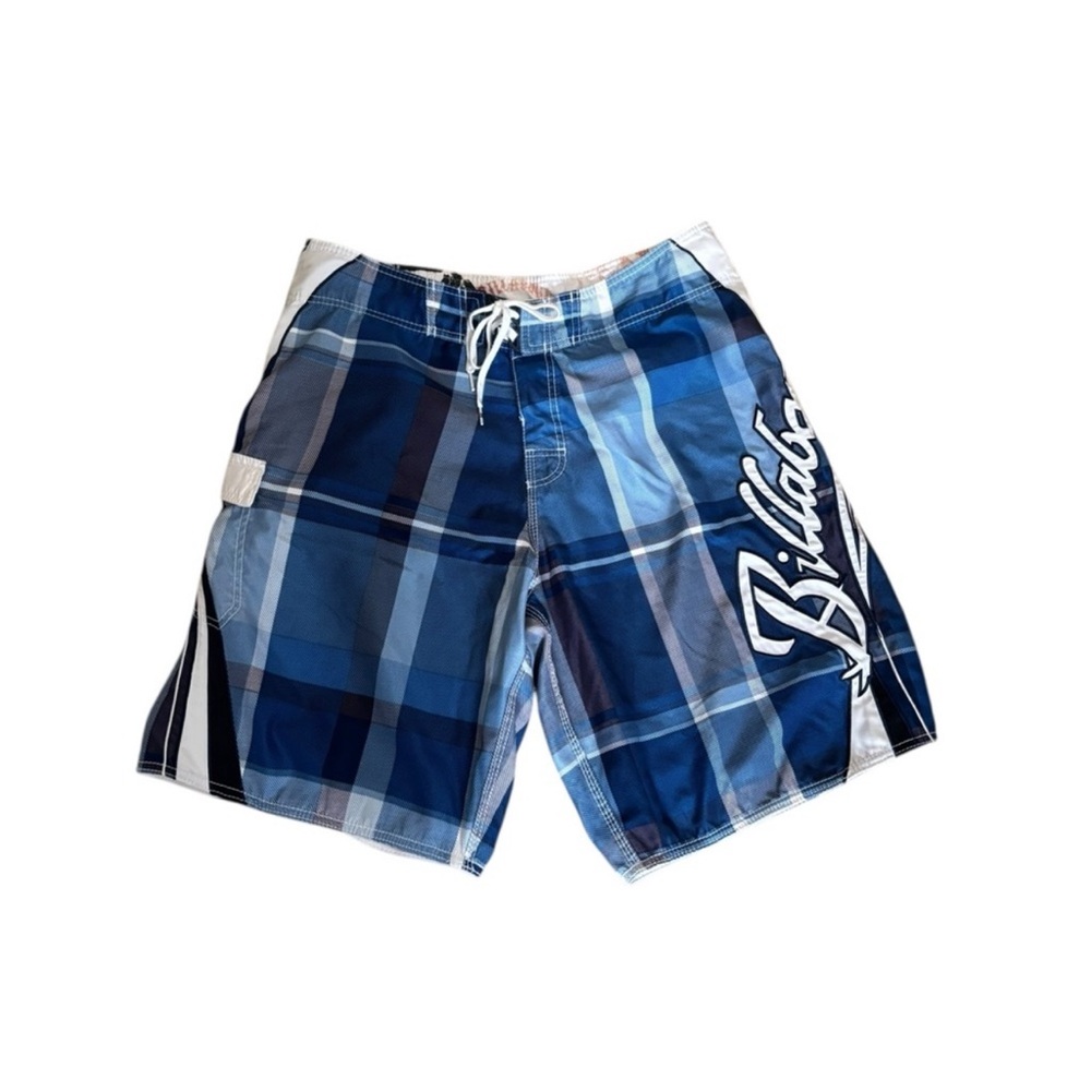 Billabong classic blue white plaid surf board swim trunks vacation short size 36